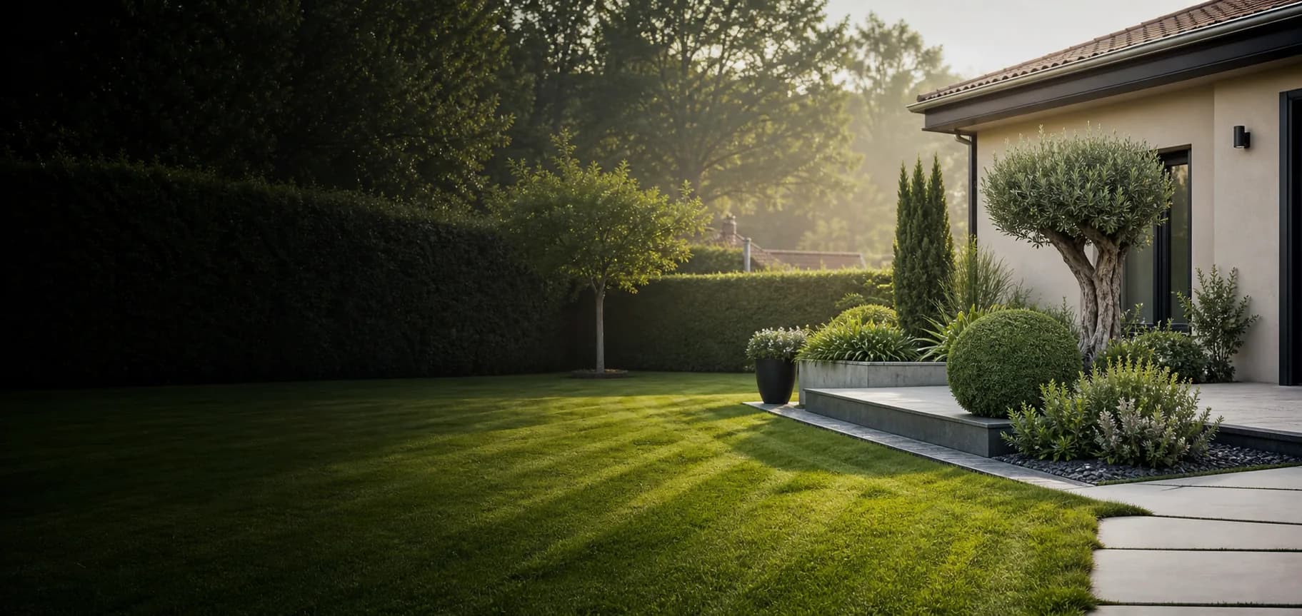 Jardin entretenu avec pelouse tondue, haies taillées et massifs soignés à Annay